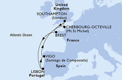 Southampton,Brest,Lisbon,Vigo,Cherbourg,Southampton