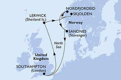 Southampton,Lerwick,Skjolden,Nordfjordeid,Sandnes,Southampton
